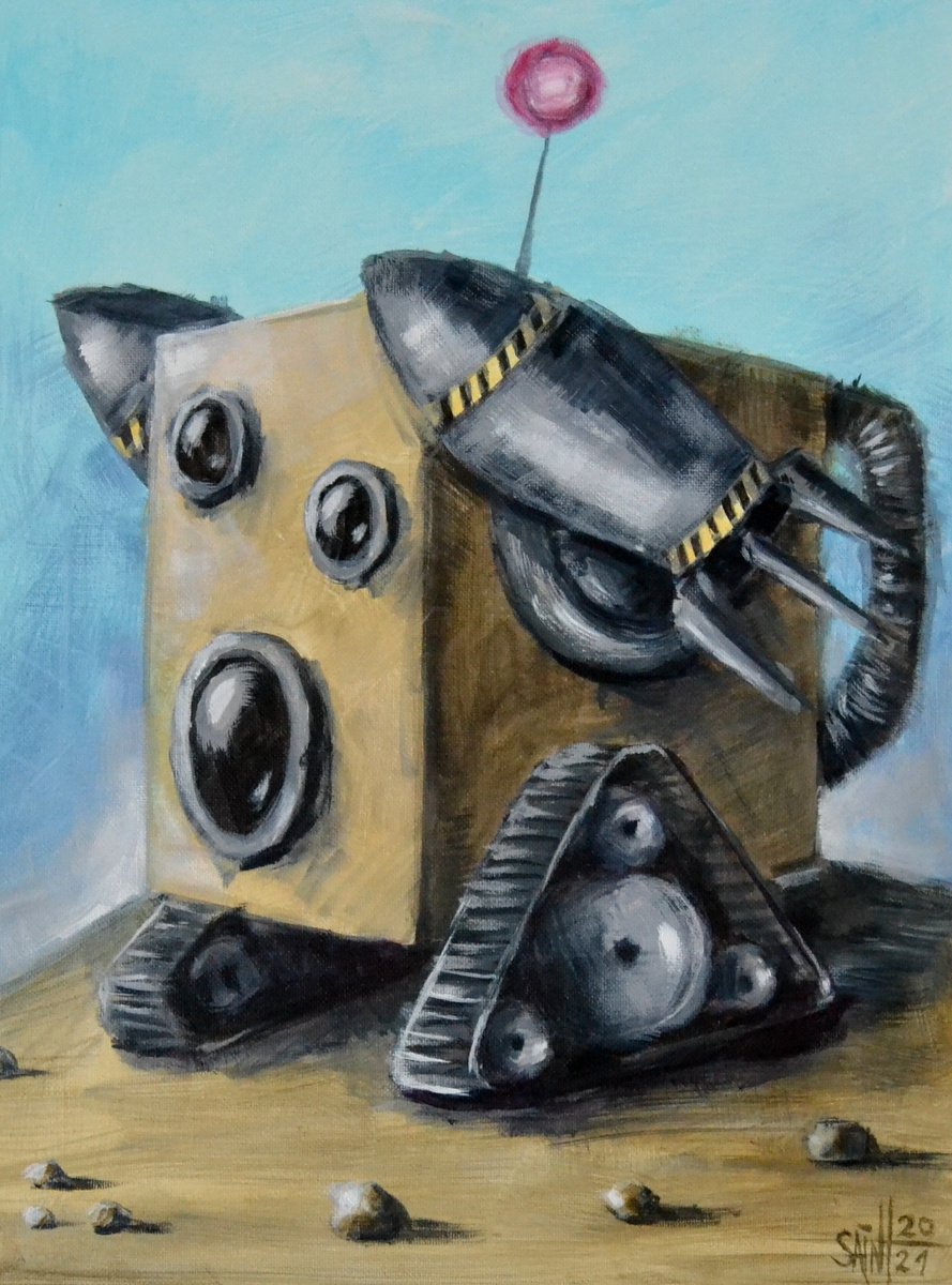 RocketBot. Retro Robot Painting Original Art by Ruslan Aksenov (Axenov)
