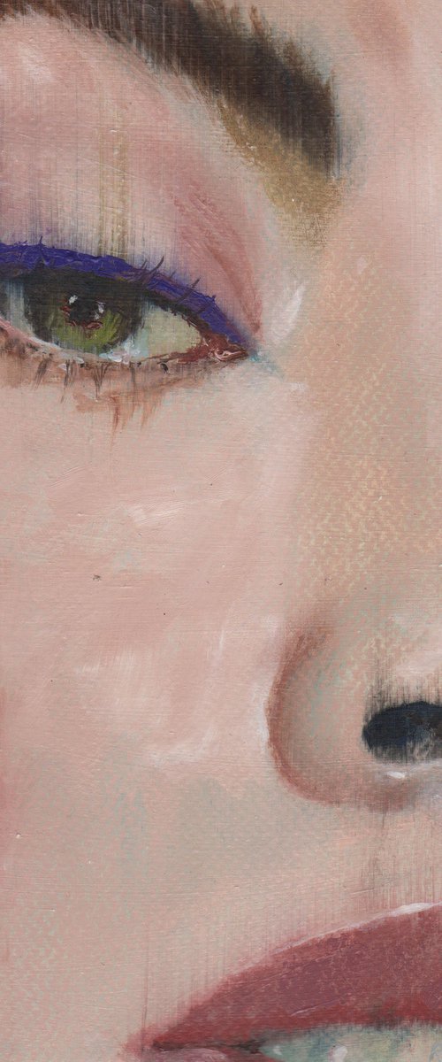 Yessi - beauty oil painting of women female on paper dark purple tones makeup closeup by Renske Karlien Hercules