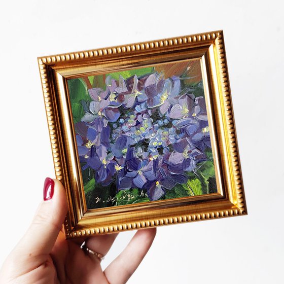 Hydrangea flowers oil painting original, Purple flower small painting framed