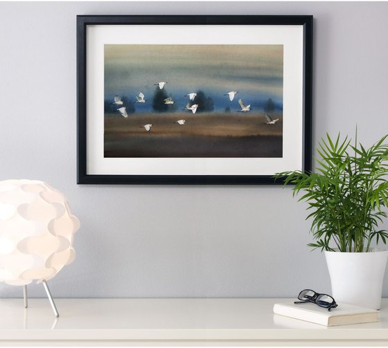 Flock of white herons -  Great White Egret - Cattle egret - Flock of Snowy Egrets flying - original watercolor landscape