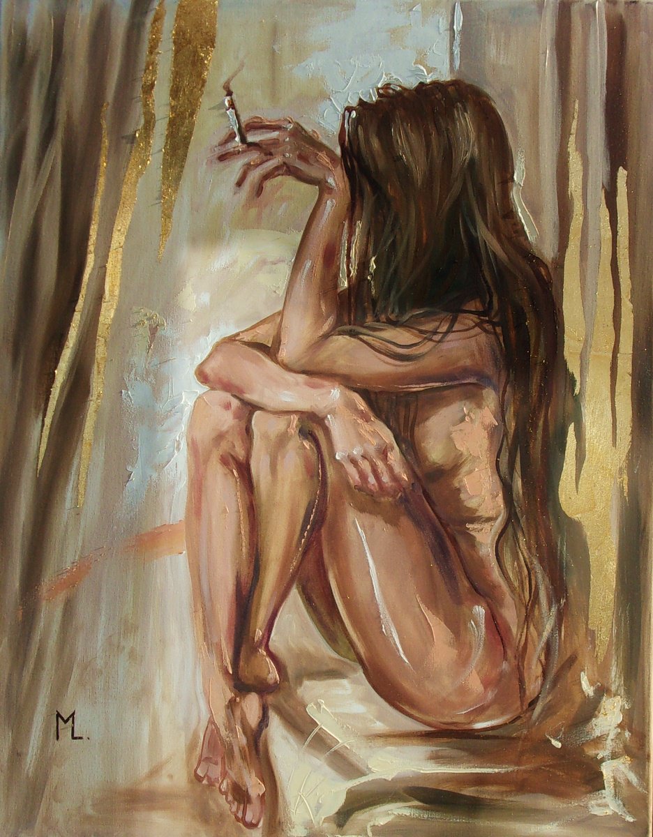 Expressive Portrait Oil Painting By Monika Luniak, 28 X 35", " Angel With Cigarette In Window ", Original Artwork