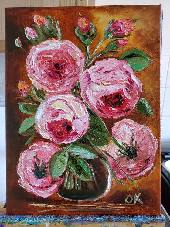 BOUQUET OF CORAL ROSES #3 palette knife modern red pink still life  flowers Dutch style office home decor gift