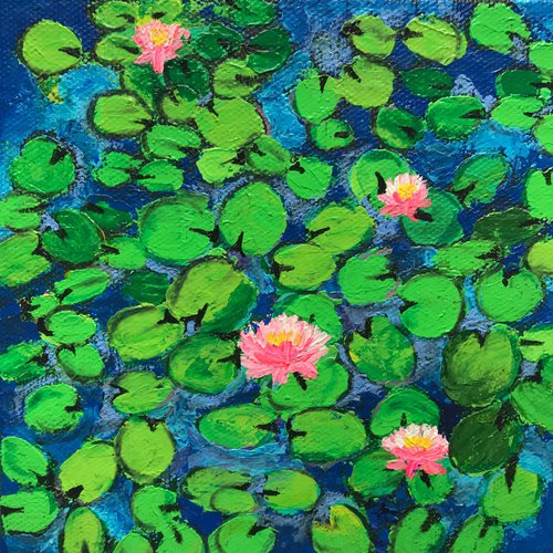 Pink Water lilies -1 !! Blue textured Art   !! Miniature !! Office Decor!! Small Painting!! Floral Art by Amita Dand