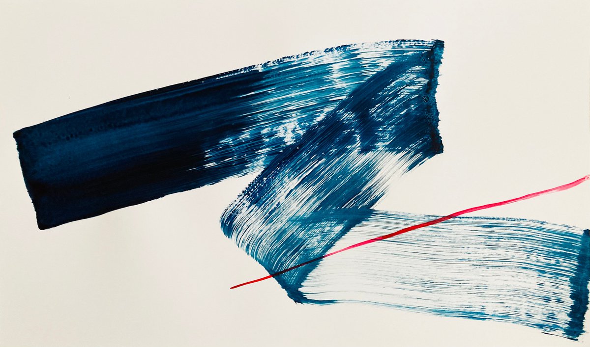 Abstract Ink Drawing By Ryoko Minamitani, 33 X 20", Indigo Space #0, Original Artwork