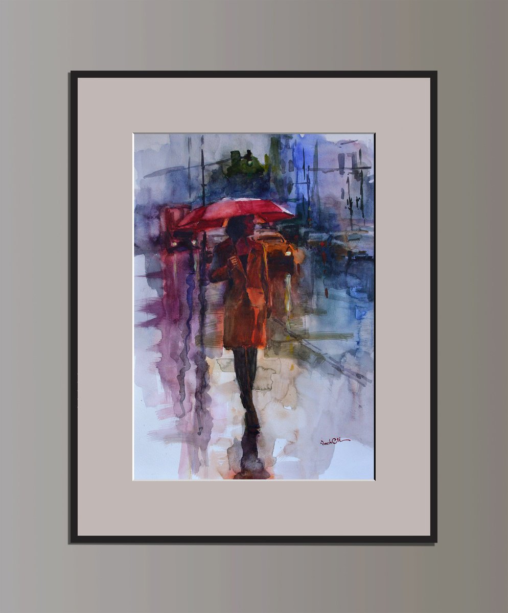 Impressionistic Portrait Watercolour By Vachagan Manukyan, 14 X 20", Rain, Original Artwork