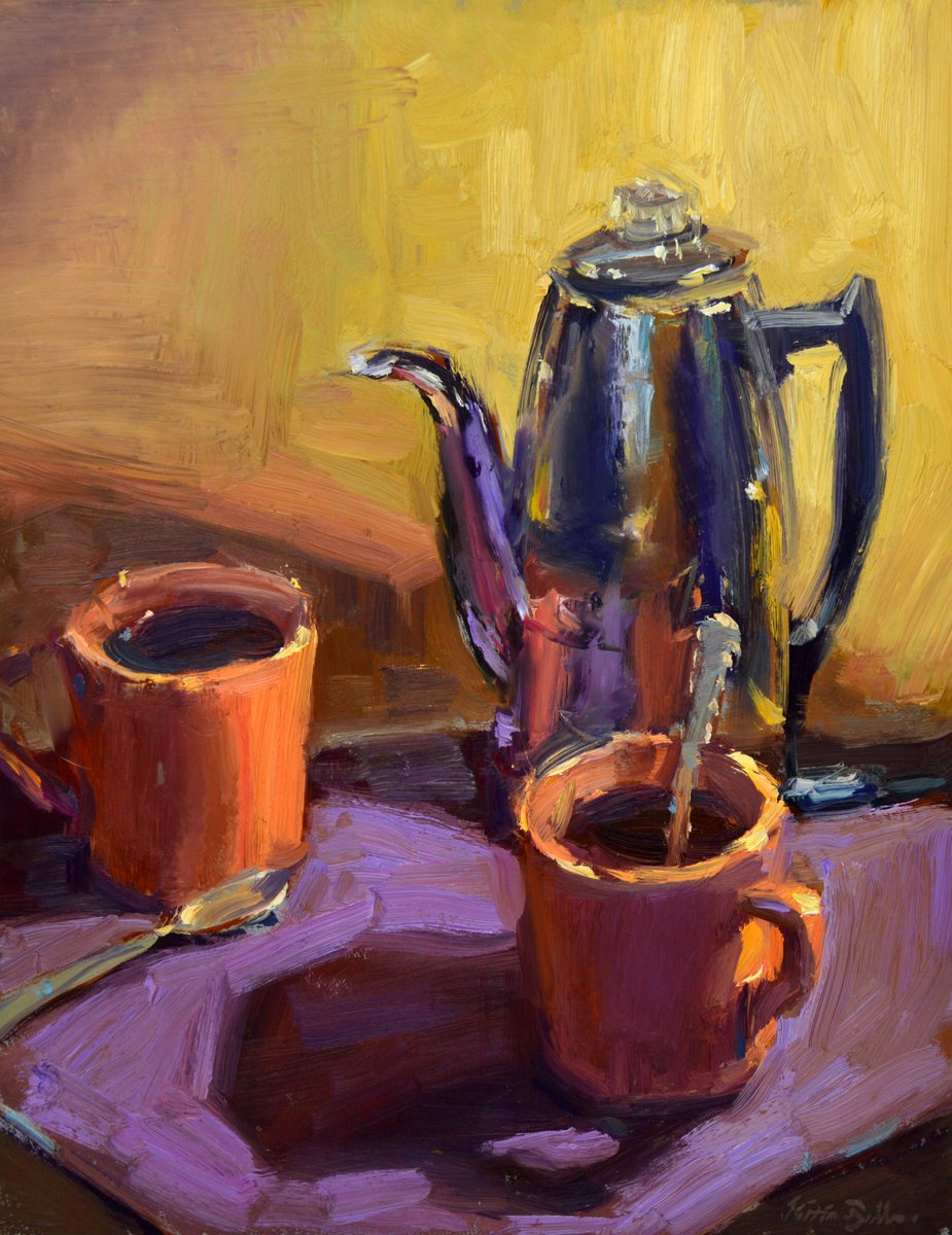 Impressionistic Still Life Oil Painting By Kristina Sellers, 11 X 14", Coffee And Conversation, Original Artwork