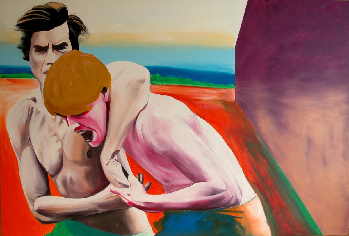 Urban And Pop Portrait Oil Painting By Kujbus Janos, 59 X 39", Trial Of Strenght, Original Artwork