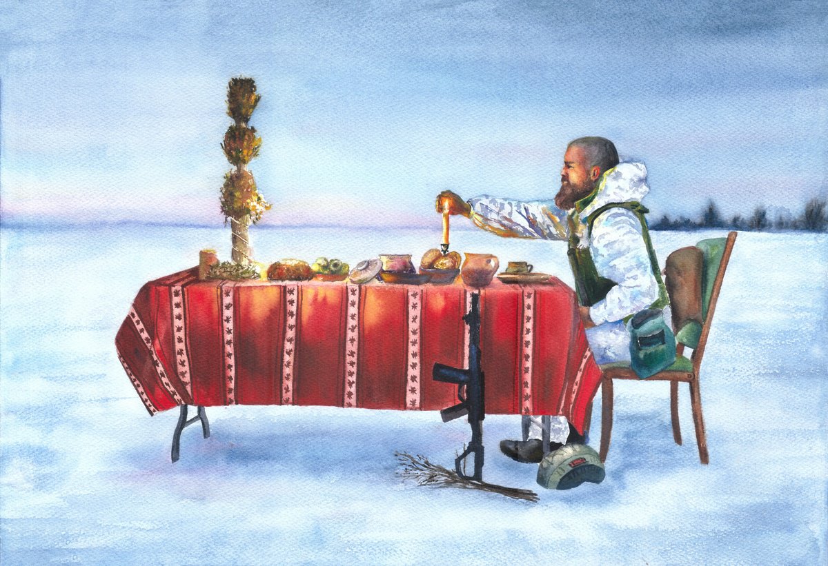 Photorealistic Portrait Watercolour By Maryna Boiko, 22 X 15", Christmas Light In The Winter Field, Original Artwork