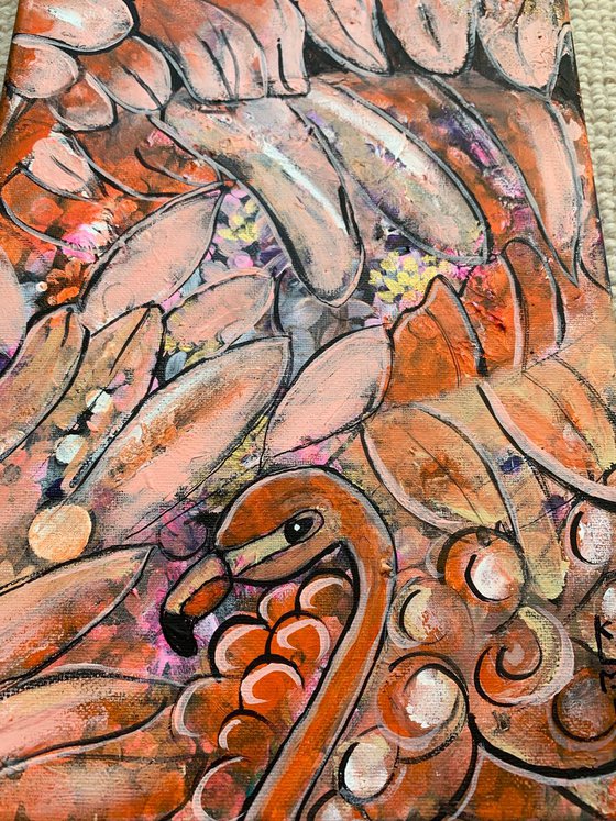 Flamingo Abstract Painting, Animals and Birds Home Decor, Artfinder Gift Ideas Wall Art Decor Pink Orange Patterned Original Art