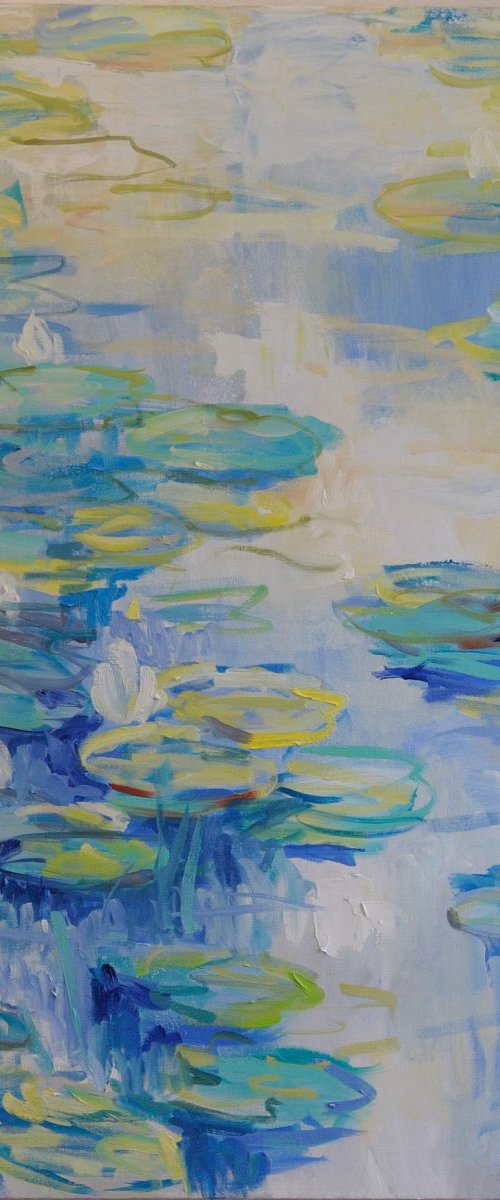 Morning water 80x100 cm water lilies pond oil landscape big painting by Nataliia Nosyk