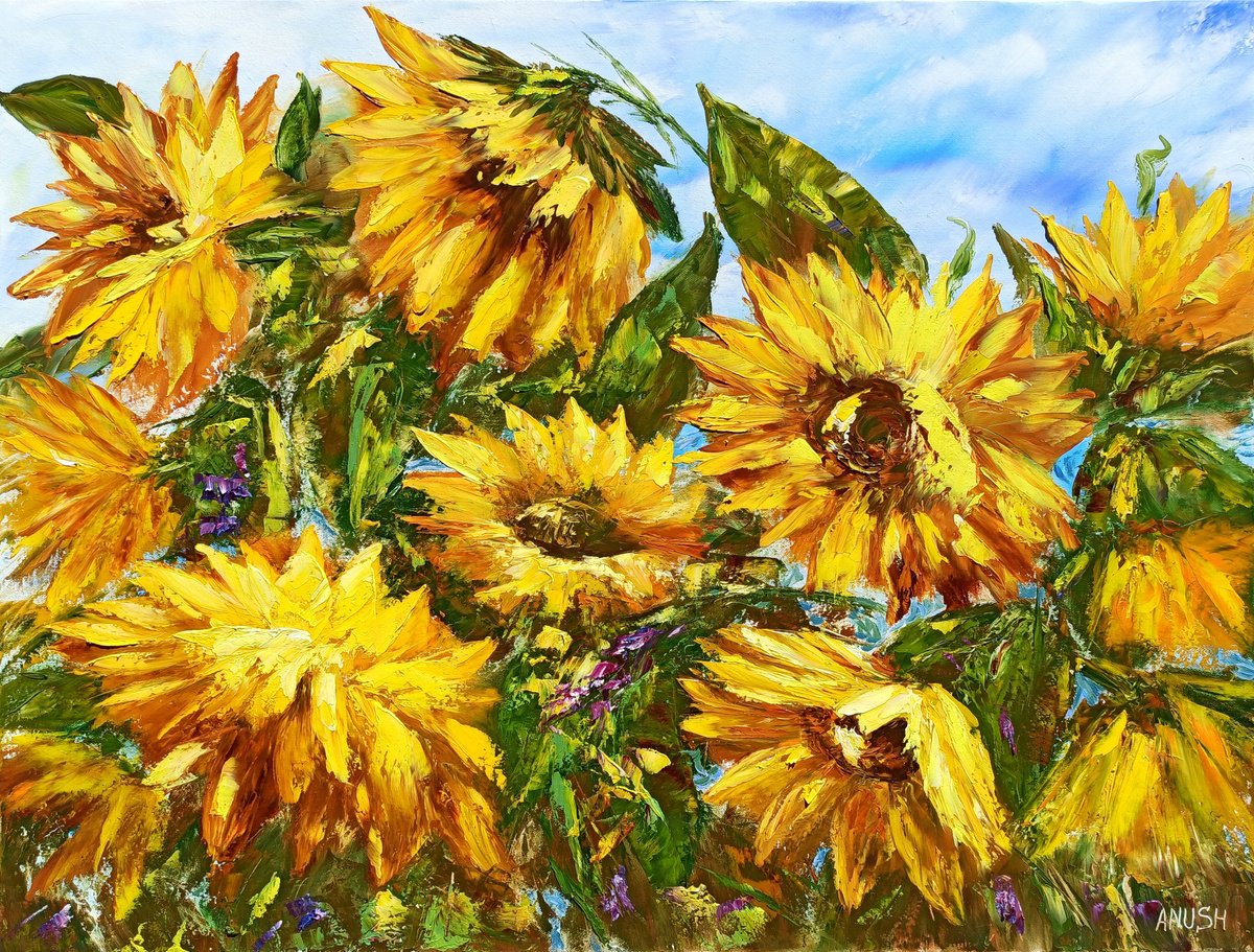 Impressionistic Botanical Oil Painting By Anush Emiryan, 39 X 31, Sunflowers, Original Artwork