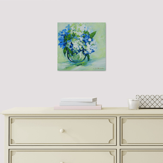 Blue White Hydrangeas Abstract Flowers Small Painting on Canvas. Impressionistic Stile Floral Abstract Art. Modern Impressionism