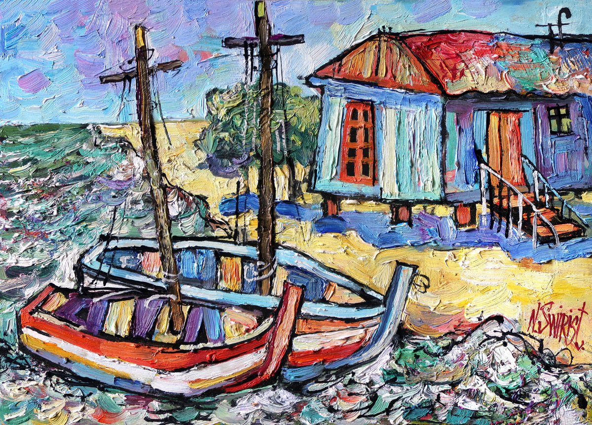 Impressionistic Landscape Oil Painting By Nikifor Swiristuhin, 14 X 10", Sun And Fishing Boats., Original Artwork