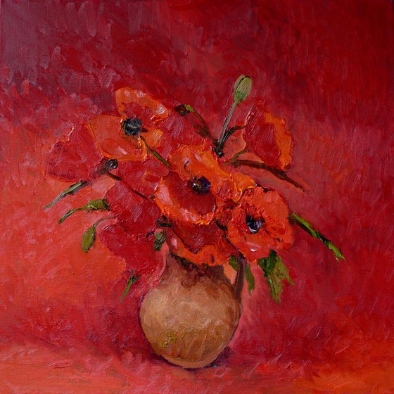 Red Poppies on Red Background