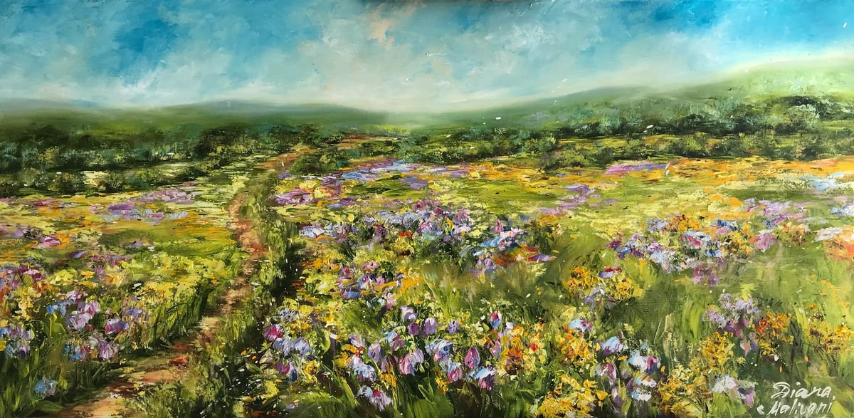 Impressionistic Botanical Oil Painting By Diana Malivani, 39 X 20, A Path In The Bluebells, Original Artwork