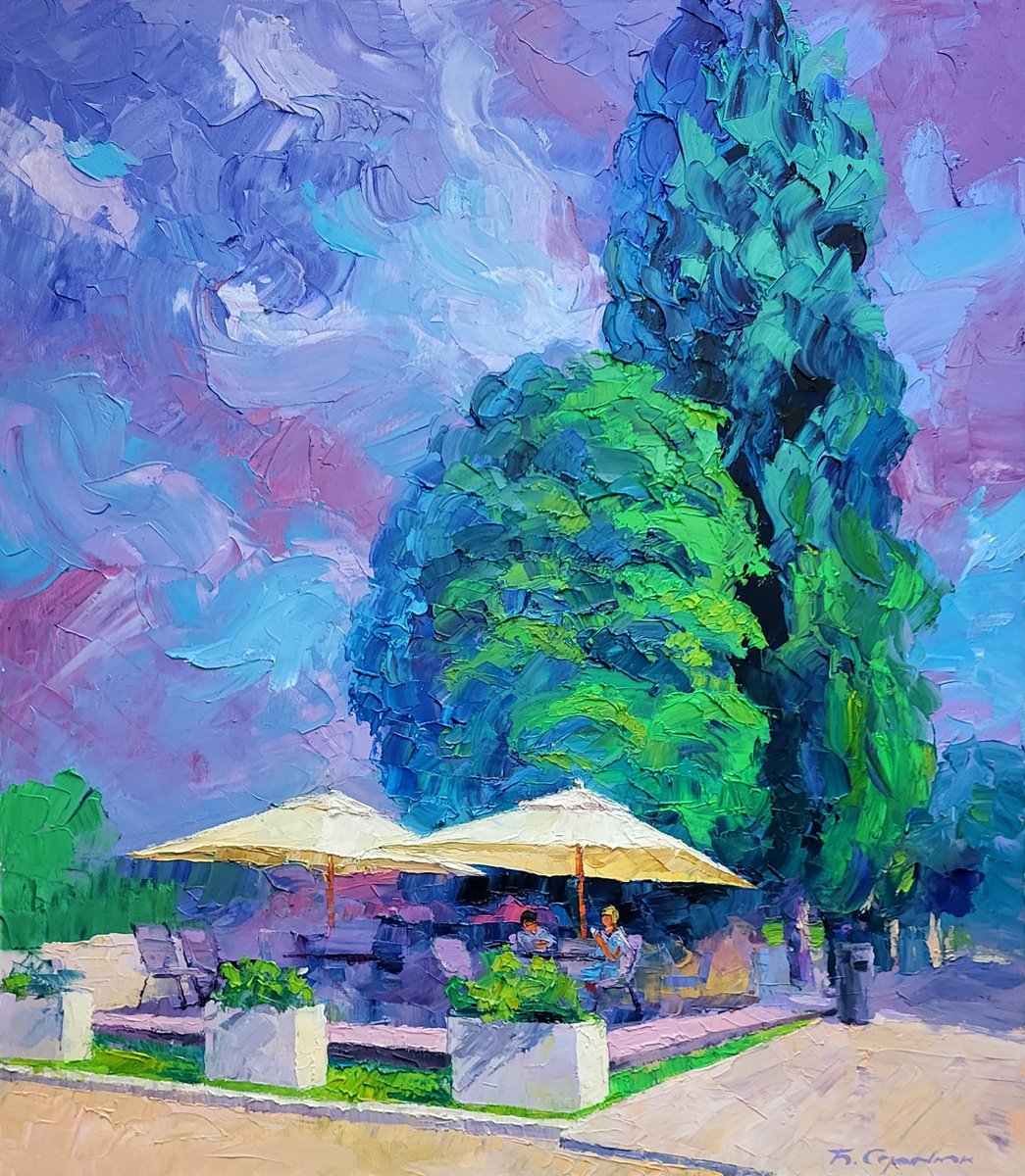 Impressionistic Landscape Oil Painting By Boris Serdyuk, 28 X 31, Summer Cafe, Original Artwork