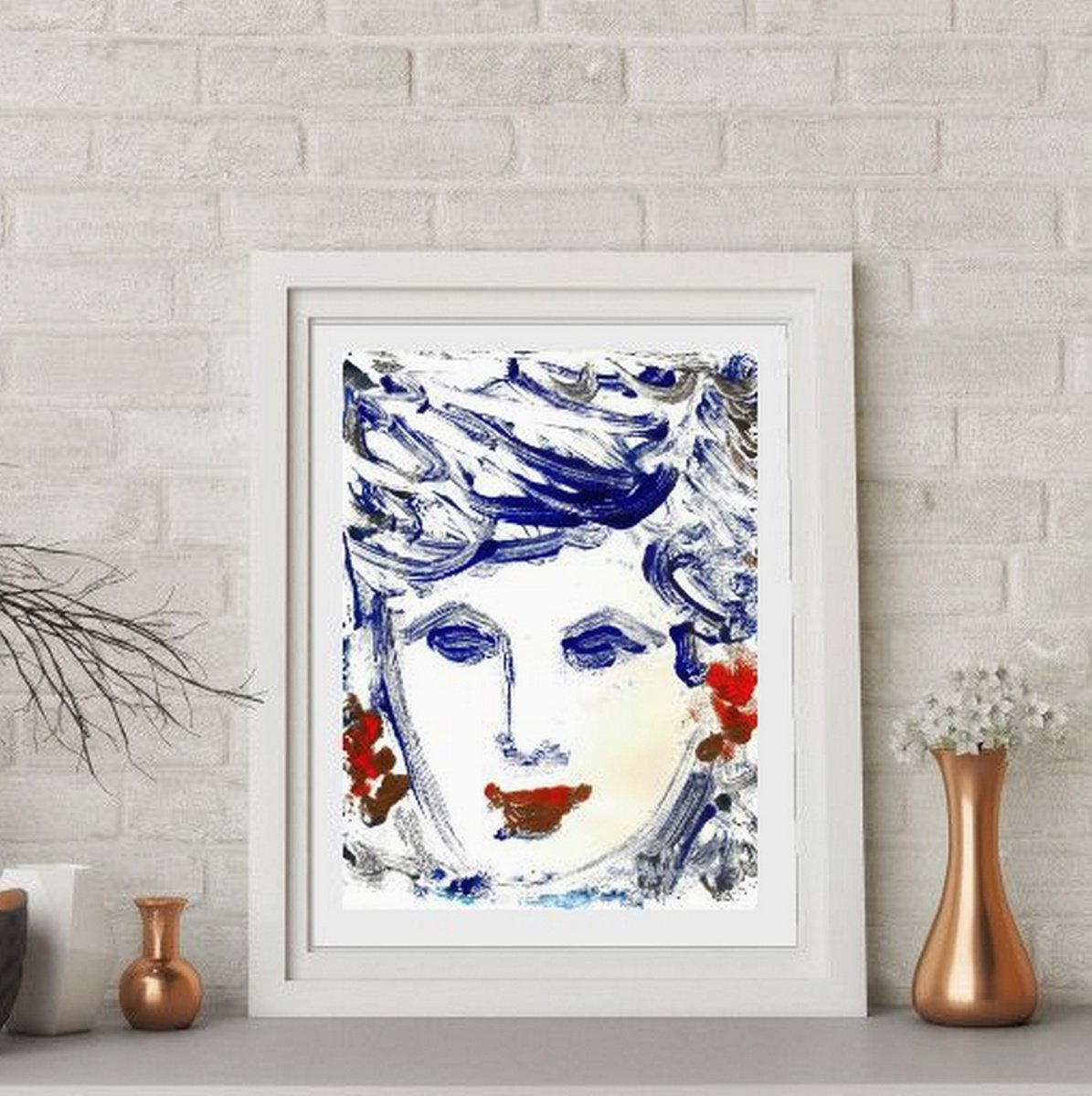 Portrait of a woman - Classic Blue Woman II - One of a kind Monotype Print on paper 11.00... by Asha Shenoy