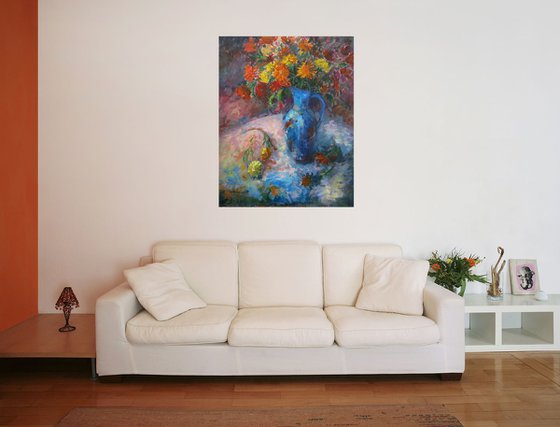 Chrysanthemums in a Blue Jug