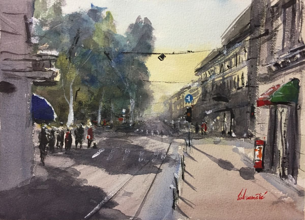 Impressionistic Cityscapes Watercolour By Tihomir Cirkvencic, 13 X 9", Street Atmosphere, Original Artwork