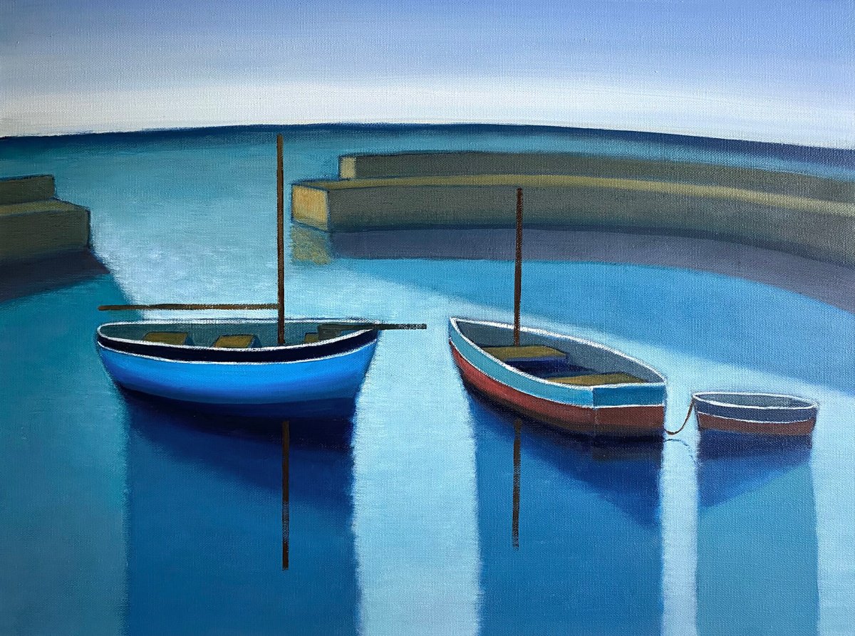 Impressionistic Landscape Oil Painting By Nigel Sharman, 26 X 20", Evening Harbour Moorings, Original Artwork