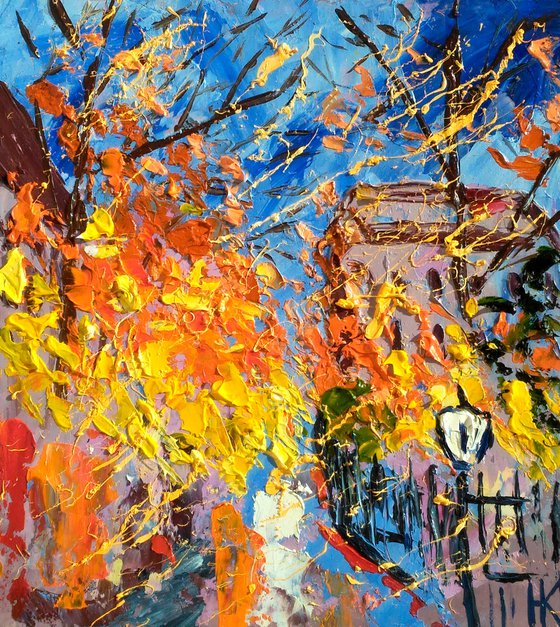 NYC Fall Painting Cityscape Original Art New York Small Oil Artwork Autumn Impasto Pallete Knife Wall Art 7 by 8" by Halyna Kirichenko