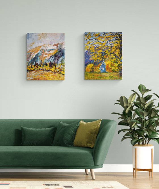 Golden Fall - SET OF 2 PAINTINGS - 1) At the foot of the mountain 2) Cottage in the Mountains