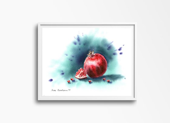 Pomegranate original watercolor painting , fruit artwork , medium format , red and green , gift idea