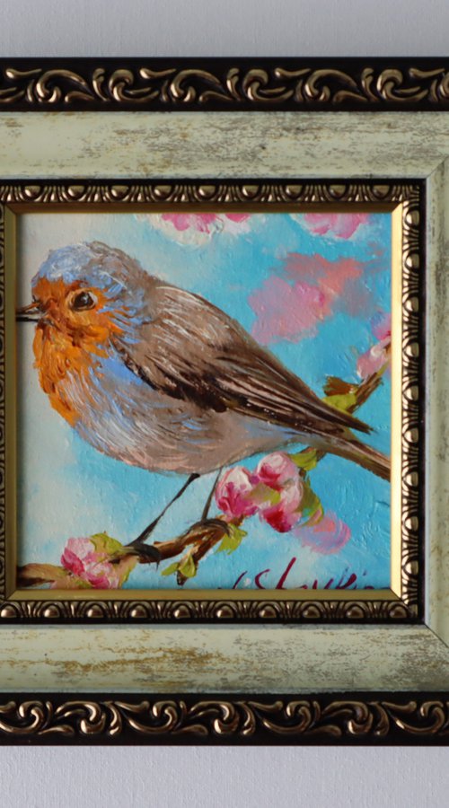Bird painting original, Robin bird art painting, Miniature painting 4x4 in, 10x10 cm, Xmas Gift for Mom, Happiness painting by Natalia Shaykina