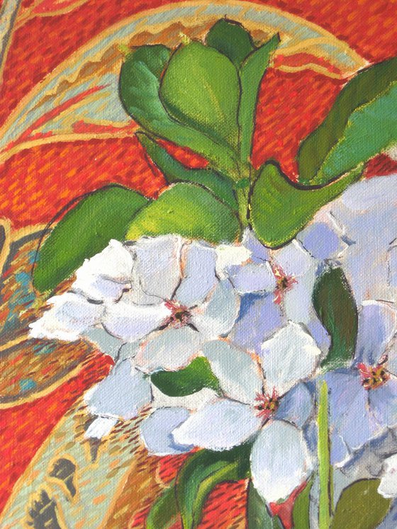Blossom against Red Fabric
