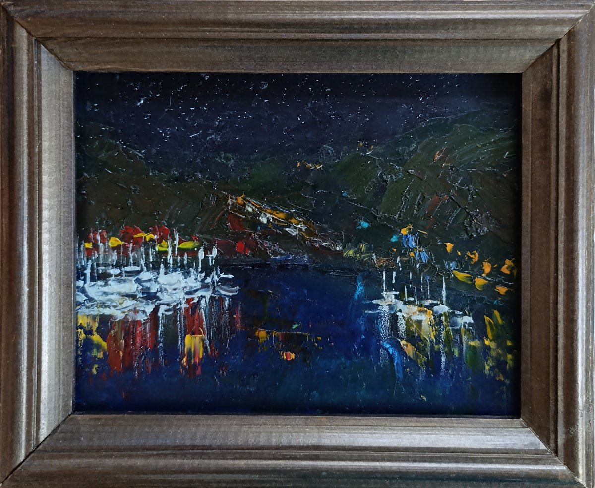 Impressionistic Landscape Oil Painting By Salana Art / Svetlana Samovarova, 10 X 8", Harbour At Night, Original Artwork