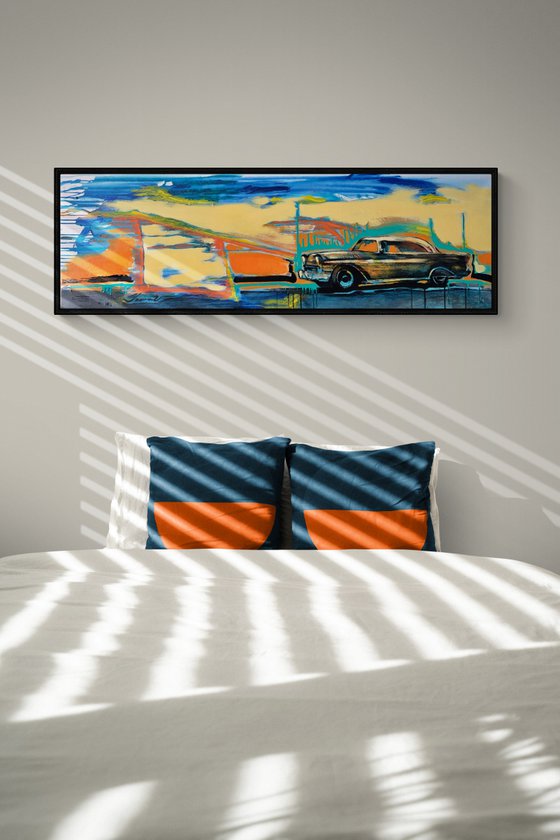 Horizontal bright painting - "Orange car" - Pop Art - Old school - Retro - Transport