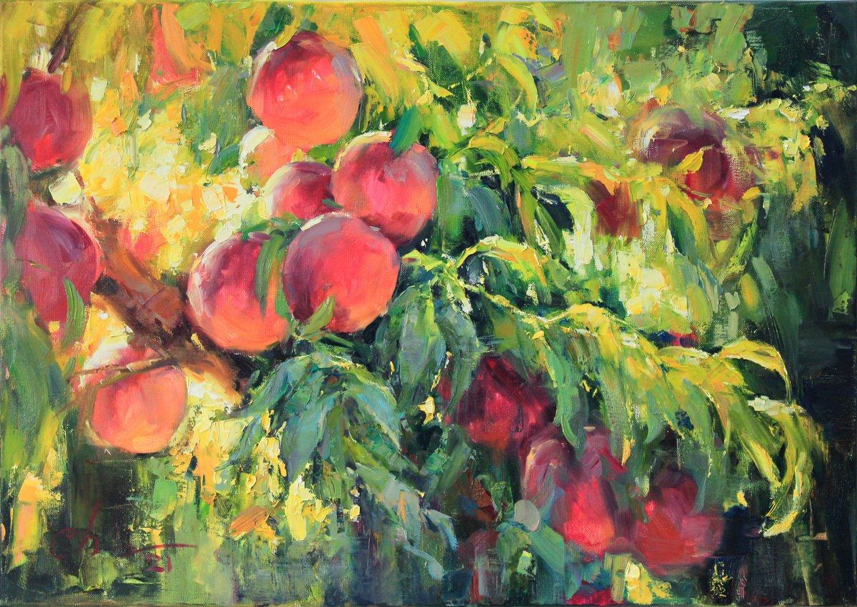 Impressionistic Botanical Oil Painting By Serhii Cherniakovskyi, 28 X 20", Peaches On The Tree, Original Artwork