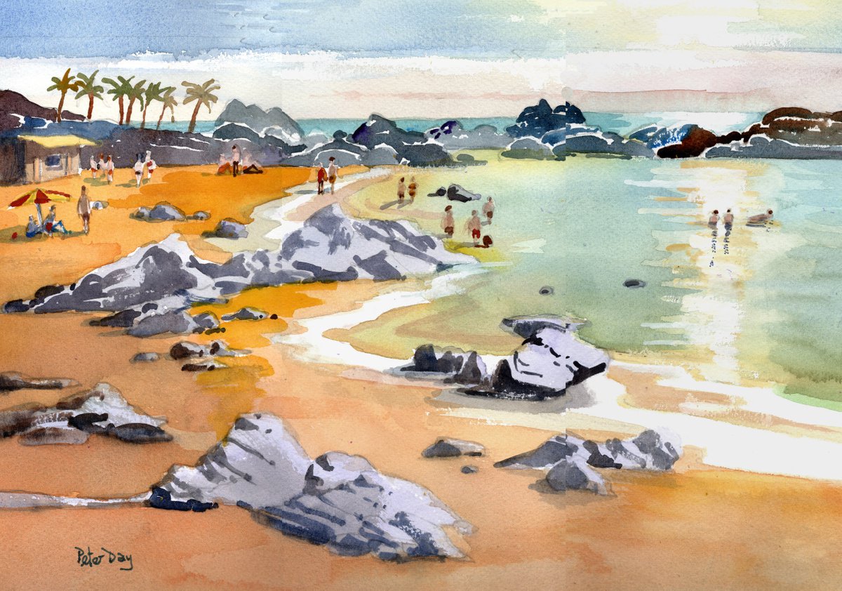 Lanzarote, The Beach at Puerto del Carmen. Sea, rocks, palm trees & sunbathers. by Peter Day