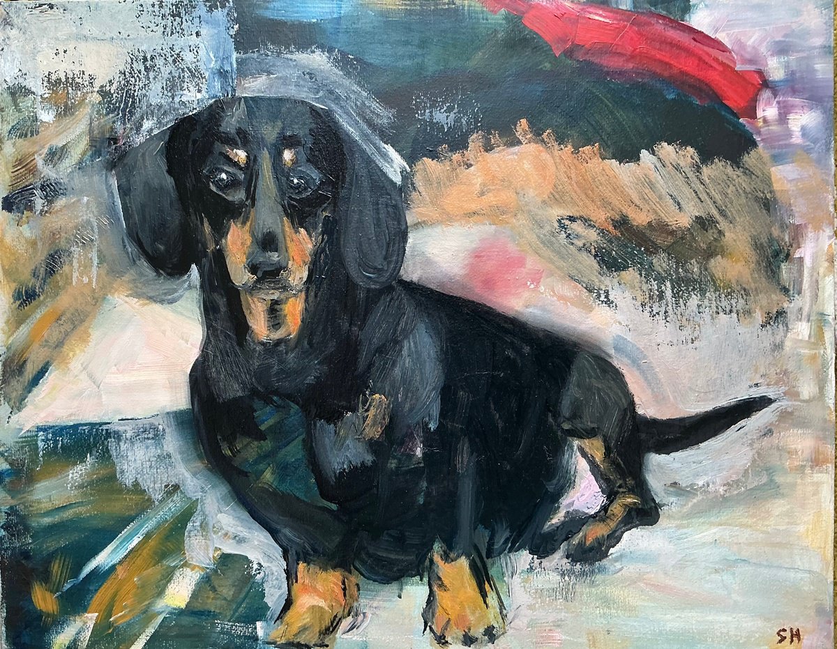 Expressive Oil Painting , Sausage Dog By Sandra Haney, 18 X 14, Artwork For Sale On Artfinder