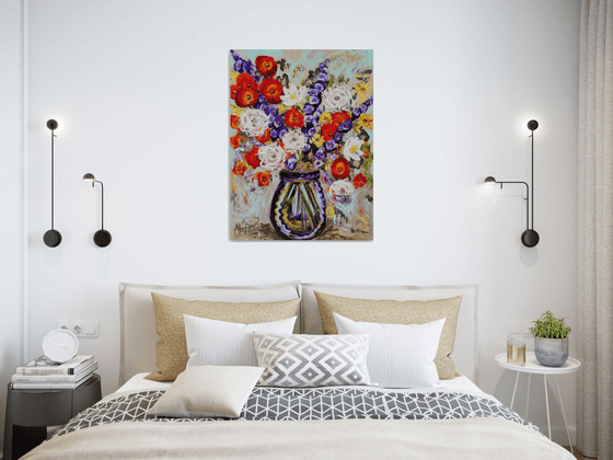 Poppies in a Deep Blue Vase