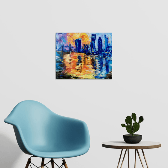 London city, Abstract sunset  variations of blue colors: ultramarine, navy blue, turquoise, sky blue, cobalt, palette knife original artwork.