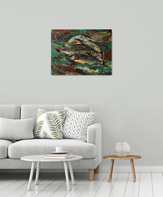 Morning Catch - Catch of the Day - Still Life with Fish - Animal Art - Medium Size - Kitchen Decor - Fishing -  60x80