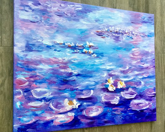 Water Lilies  (81x 66 cm ) inspired by Claude Monet  sunrise in a garden in purple, turquoise, blue sky