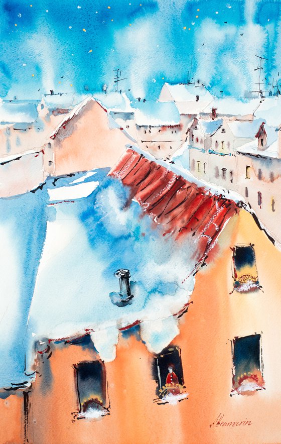 Snow covered roofs. Freiberg. Germany