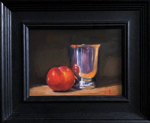 Plum & Silver Pot Still Life original oil realism painting, with wooden frame. by Jackie Smith
