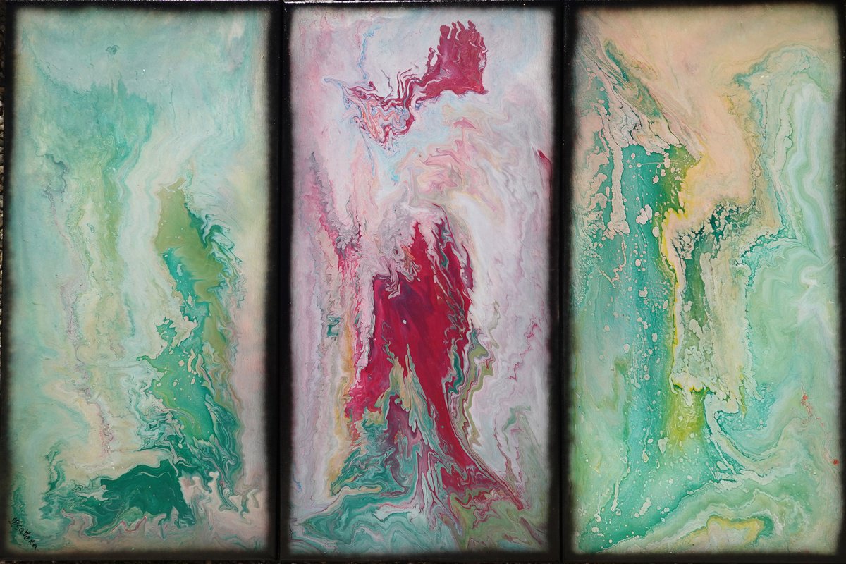 Blue fluid triptych A1117 Abstract art - pouring Paintings on canvas - Original Contempora... by Ksavera