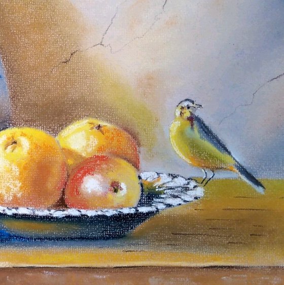 Singing bird - Still life with oranges and wagtail
