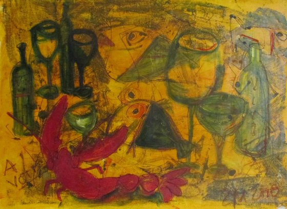 fishes, lobster and bottles xxl-Painting 37,5 x 51,2 inch