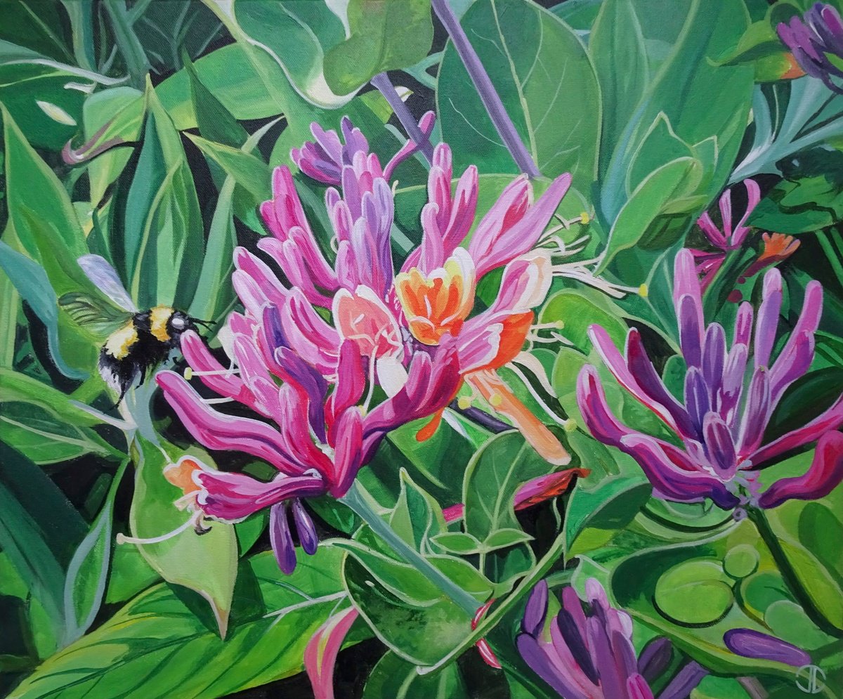 Impressionistic Botanical Acrylic Painting By Joseph Lynch, 24 X 20, Honeysuckle And Bumblebee, Original Artwork