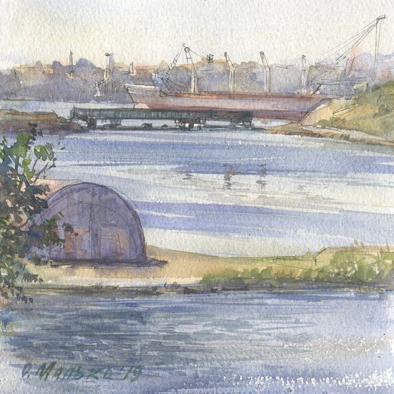 Port sketch / Sea harbor Watercolor seascape