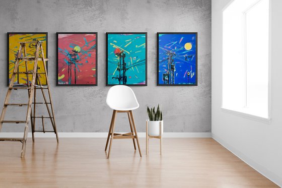 XXXL Urban painting-"Electricity"-Pop art-Polyptych-Bright-Street art-Diptych-Electric pole-Urban-Sunset