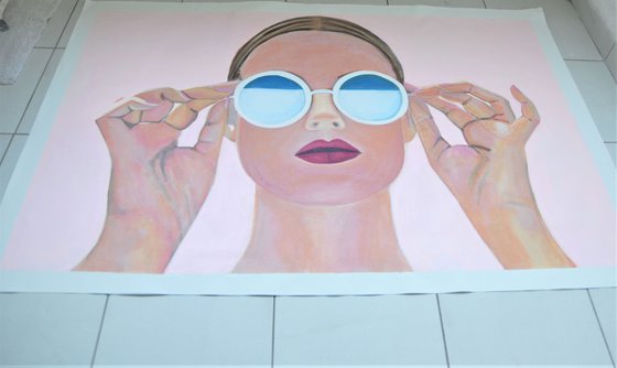 Extra large  painting, Girl with sunglasses / 140 x 90 x 5 cm