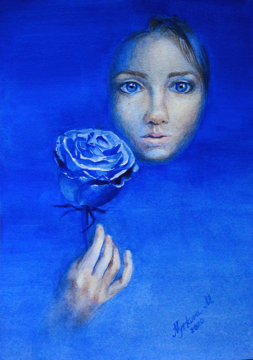 Blue rose watercolor painting by Marta Nyrkova