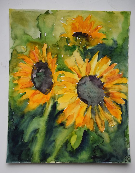 Sunflowers painting, Yellow Flowers Original Watercolor Painting, Thanksgiving Gift