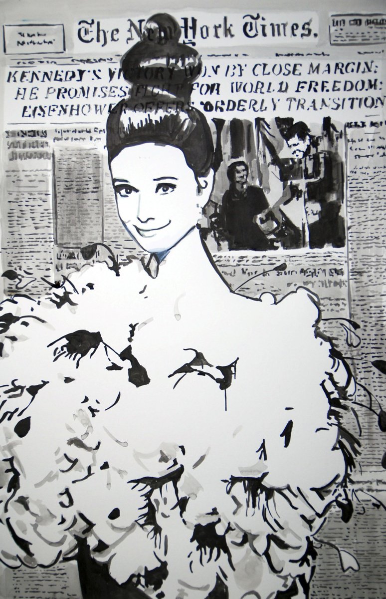Urban And Pop Portrait Ink Drawing By Alexandra Djokic, 18 X 28, Audrey Hepburn, Original Artwork